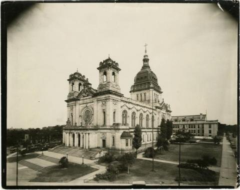 Historical photograph: southeast view of the Basilica of Saint Mary and school, Minneapolis, circa 1928.