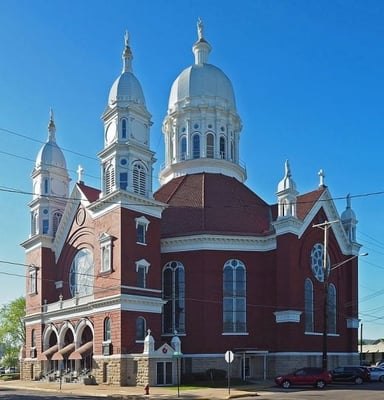 Basilica of Saint Stanislaus Kostka, Winona, exterior viewed from the northwest.